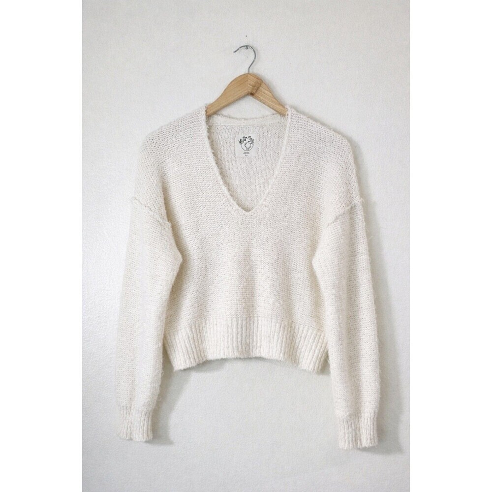 Free People We The Free Theo Cropped V Neck Sweater Ivory Knit Womens XS - Picture 2 of 13